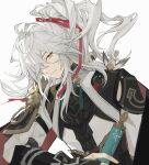  1boy animal_on_shoulder armor bird bird_on_shoulder bishounen chinese_clothes closed_mouth facing_to_the_side gloves hair_over_one_eye high_ponytail highres holding holding_scroll honkai:_star_rail honkai_(series) its8b japanese_armor jing_yuan long_hair long_sleeves looking_at_viewer male_focus mole mole_under_eye one_eye_covered ponytail red_ribbon ribbon scroll shoulder_armor simple_background smile sode solo white_background white_hair yellow_eyes 