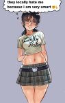  1girl absurdres arms_behind_back black_hair blush buck_teeth chainsaw_man crop_top glasses grey_background hello_kitty highres long_hair looking_at_viewer low_twintails mitaka_asa navel nerd_emoji ribosoma_42 simple_background skirt solo teeth thought_bubble twintails 