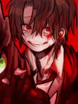  blood blood_on_clothes blood_on_face brown_hair collared_shirt commentary_request crying crying_with_eyes_open employee_(lobotomy_corporation) eyebrows_hidden_by_hair grin jacket lobotomy_corporation necktie open_clothes open_jacket project_moon red_background red_eyes red_jacket red_necktie shirt short_hair shot_(urem) simple_background sketch smile tears white_shirt 