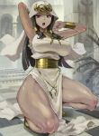  1girl arms_up black_hair breasts dark-skinned_female dark_skin dress egyptian egyptian_clothes forehead_jewel indoors ishizu_ishtar jewelry kazo_(kazozakazo) large_breasts long_hair looking_at_viewer open_mouth pelvic_curtain plant purple_eyes solo squatting yu-gi-oh! yu-gi-oh!_duel_monsters 