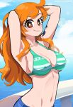  1girl absurdres armpits arms_up bikini bikini_top_only blue_sky breasts bright_pupils brown_eyes cleavage cloud dashi_(dashiart) highres long_hair nami_(one_piece) navel ocean one_piece orange_hair shoulder_tattoo sky smile solo swimsuit tattoo white_pupils 