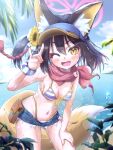  1girl ;d absurdres animal_ear_fluff animal_ears arm_support armpits beach bent_over bikini black_hair blue_archive blue_sky blurry breasts cleavage cloud cloudy_sky commentary_request denim denim_shorts depth_of_field eyeshadow fang flower fox_ears fox_girl fox_shadow_puppet fox_tail hair_between_eyes hair_flower hair_ornament halo highres izuna_(blue_archive) izuna_(swimsuit)_(blue_archive) looking_at_viewer makeup medium_breasts medium_hair navel ocean one_eye_closed one_side_up outdoors red_eyeshadow red_scarf rope scarf scrunchie shimenawa short_shorts shorts sidelocks skin_fang sky sleeveless smile solo spaghetti_strap stomach striped striped_bikini sunflower sunflower_hair_ornament swimsuit tail tomonx visor_cap wet wet_clothes wet_swimsuit wrist_scrunchie yellow_eyes 
