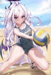  1girl absurdres ahoge ball beach beach_volleyball blue_archive blue_sky blurry cloud cloudy_sky collarbone commentary demon_girl demon_horns demon_wings depth_of_field foot_out_of_frame forehead hair_ornament hairclip halo highres hina_(blue_archive) hina_(swimsuit)_(blue_archive) horizon horns kneeling legs long_hair looking_at_viewer name_tag ocean official_alternate_costume official_alternate_hairstyle old_school_swimsuit one_side_up outdoors parted_bangs purple_eyes sandals school_swimsuit sidelocks sketch sky sleeveless solo sstthei sweat swimsuit volleyball_(object) wavy_hair whistle whistle_around_neck white_hair wings 