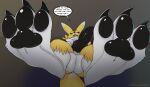  2023 3_toes absurd_res anthro artist_name balls bandai_namco claws digimon digimon_(species) digital_media_(artwork) dipstick_ears english_text feet foot_focus genitals hi_res kuroodod looking_at_viewer male multicolored_ears pawpads penis renamon text toe_claws toes url 