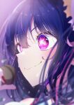  1girl absurdres blush close-up hair_between_eyes highres holding holding_microphone hoshino_ai_(oshi_no_ko) long_hair microphone nail_polish oshi_no_ko penlight purple_eyes purple_hair red_nails sanasedayo smile solo star-shaped_pupils star_(symbol) sweat symbol-shaped_pupils 