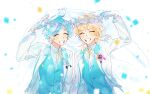  2boys ahoge aqua_gloves aqua_hair aqua_jacket aqua_shirt aqua_vest black_ribbon blonde_hair bridal_veil buttons closed_eyes collared_shirt commentary confetti ensemble_stars! facing_viewer flower gloves hakaze_kaoru heart heart_ahoge highres hisu_(hiss_1107) holding_veil jacket lapels long_sleeves male_focus medium_hair multicolored_clothes multicolored_jacket multiple_boys necktie notched_lapels open_clothes open_jacket open_mouth parted_bangs purple_ribbon ribbon rose shared_veil shinkai_kanata shirt short_hair smile suit_jacket teeth two-tone_jacket upper_body veil vest waistcoat white_background white_flower white_jacket white_rose yaoi yellow_necktie 