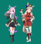  2girls absurdres animal_ears armband black_coat black_footwear black_skirt blunt_bangs boots bow bowtie breasts brown_headwear closed_mouth coat commentary_request dress ear_bow full_body gloves gold_ship_(umamusume) green_background green_socks grey_hair hair_tucking hand_on_own_hip hand_up hat heel_up high_heel_boots high_heels highres horse_ears horse_girl horse_tail long_hair long_sleeves looking_to_the_side mejiro_mcqueen_(umamusume) midriff_peek multiple_girls pants pantyhose pouch purple_eyes purple_hair rubik&#039;s_cube shirt simple_background skirt sleeveless sleeveless_dress small_breasts smile socks standing suzuhara_kenji tail thigh_strap umamusume v-shaped_eyebrows white_gloves white_pants 