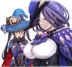  2girls ascot black_gloves black_hair blue_cape blue_capelet blue_dress blue_headwear blue_leotard blush breasts button_gap cape capelet clorinde_(genshin_impact) corset detached_sleeves dress earrings epaulettes fur_collar genshin_impact gloves gold_trim green_eyes hat hat_ornament highres jewelry large_breasts leotard long_hair long_sleeves looking_down low_ponytail medium_breasts mona_(genshin_impact) multiple_girls open_mouth parted_bangs purple_eyes purple_hair star_(symbol) star_earrings translation_request tricorne twintails uenoryoma vision_(genshin_impact) witch_hat 