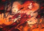  1girl absurdres bare_shoulders bracelet breasts detached_sleeves dota_(series) dota_2 earrings elaine_chong embers facepaint fire flame highres jewelry lina_inverse_(dota_2) lipstick looking_at_viewer looking_back magic makeup motion_blur open_mouth orange_hair outdoors red_eyes solo 