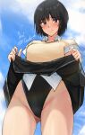  1girl amagami ass_visible_through_thighs black_hair black_one-piece_swimsuit black_skirt blue_sky blush bob_cut brown_eyes brown_sweater_vest closed_mouth clothes_lift cloud commentary competition_swimsuit highleg highleg_swimsuit highres kibito_high_school_uniform lifted_by_self looking_at_viewer nanasaki_ai one-piece_swimsuit raised_eyebrows school_uniform shirt short_hair short_sleeves signature skirt skirt_lift sky smile solo split_mouth sweatdrop sweater_vest swimsuit swimsuit_under_clothes twitter_username white_shirt yoo_tenchi 