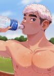  1boy bara blue_eyes blue_sky bottle cloud drinking grass highres looking_at_viewer male_focus nipples original outdoors pectorals running_track shan_(shanshankuo) sky solo sweatdrop tree undercut water_bottle water_drop white_hair 