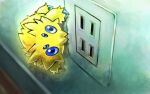  animal_focus blue_eyes bug climbing_wall electrical_outlet extra_eyes glowing indoors joltik kaosu_(kaosu0905) no_humans on_wall pokemon pokemon_(creature) shadow wall wooden_floor 