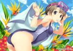  1girl artist_name ass black_eyes blue_sky breasts brown_hair cloud competition_swimsuit day flower food food_in_mouth garden goggles goggles_on_head ice_cream koutaro one-piece_swimsuit original outdoors short_hair sky solo swimsuit towel 