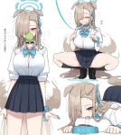  1girl ^_^ absurdres animal_ears asuna_(blue_archive) black_choker black_footwear black_skirt black_socks blue_archive blue_halo blue_scrunchie breasts button_gap chewing_gum choker closed_eyes dog_ears dog_girl halo highres kemonomimi_mode large_breasts leash loafers long_hair multiple_views plaid plaid_skirt scrunchie shirt shoes skirt smile socks squatting tail tail_wagging tanosii_chan translation_request very_long_hair white_shirt wrist_scrunchie 