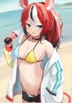  1girl animal_ears bikini bikini_under_clothes blue_eyes bottle breasts hakos_baelz hand_in_pocket highres holding holding_bottle hololive hololive_english jacket long_hair medium_breasts mouse_ears mouse_girl mouse_tail multicolored_hair navel open_fly open_mouth red_hair short_shorts shorts shuuzo3 soda_bottle solo stomach streaked_hair swimsuit tail white_jacket 