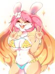  anthro big_breasts bikini breasts clothing eyes_closed female gesture hair hi_res lagomorph leporid mammal pink_hair pink_kutal23 rabbit rabbit_ears simple_background smile smiling_at_viewer solo solo_focus swimwear v_sign wide_hips 