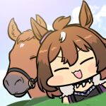  1girl animal_ears brown_hair chibi creature_and_personification horse horse_ears horse_girl jazz_jack lowres sharp_teeth shinko_windy_(racehorse) shinko_windy_(umamusume) teeth umamusume 