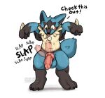  animal_genitalia animal_penis anthro balls blue_body blue_fur blush canine_genitalia canine_penis claws english_text erection fallflys finger_claws fur generation_4_pokemon genitals lucario male nintendo penis pokemon pokemon_(species) simple_background solo spikes spikes_(anatomy) text toe_claws tongue tongue_out 