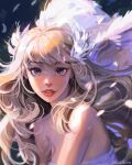  1girl angel_wings artist_name bare_shoulders blush brown_eyes brown_hair dress english_commentary head_wings heart highres lens_flare long_hair looking_at_viewer lotus_bubble original parted_lips red_lips smile solo strapless strapless_dress white_dress wings 