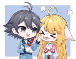  &gt;_&lt; 1boy 1girl :d ahoge animal_ears antenna_hair bai_yuechu black_eyes black_hair blonde_hair blue_background blue_jacket blue_pants border candy cheek_pinching chibi chinese_clothes ears_down food fox_ears fume hand_on_another&#039;s_cheek hand_on_another&#039;s_face hands_up hanfu highres holding holding_food huyao_xiao_hongniang jacket kumu_zaisheng layered_sleeves lollipop long_hair long_sleeves looking_at_another outside_border pants pinching pink_shirt shirt short_hair short_over_long_sleeves short_sleeves smile swirl_lollipop tanghulu teeth tongue tongue_out track_jacket tushan_susu upper_body upper_teeth_only v-shaped_eyebrows white_border wide_sleeves 