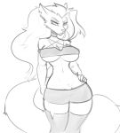  anthro big_breasts big_tail bottomwear breasts canid canid_demon canine canis clothing demon elzzombie female frown hair hand_on_hip hellhound helluva_boss hi_res huge_thighs looking_at_viewer loona_(helluva_boss) mammal monochrome navel shorts simple_background solo standing tail thick_thighs topwear under_boob wide_hips wolf 
