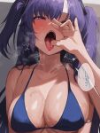  1girl absurdres bikini blue_archive blue_eyes blue_hair breasts dio_nand hair_between_eyes highres large_breasts long_hair micro_bikini simple_background steam steaming_body sweat swimsuit tongue tongue_out twintails white_background yuuka_(blue_archive) 