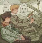  2boys black_hair blonde_hair car_interior coat commentary derivative_work driving english_commentary english_text formal green_coat grey_suit highres kageyama_shigeo long_sleeves male_focus meme mob_psycho_100 mp100days multiple_boys necktie pants parted_lips rear-view_mirror reigen_arataka seatbelt short_hair sitting speech_bubble steering_wheel suit transgender_flag why_does_x_call_you_babygirl?_(meme) 
