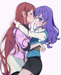  2girls aikatsu! aikatsu!_(series) alternate_costume alternate_hairstyle averting_eyes black_skirt blue_eyes blue_hair blue_vest blush closed_eyes collared_shirt commentary_request cowboy_shot from_side hair_down highres hug imminent_kiss kiriya_aoi long_hair long_sleeves looking_at_viewer multiple_girls open_mouth pencil_skirt pink_sweater shibuki_ran shirt simple_background skirt smile standing sweatdrop sweater very_long_hair vest white_background white_shirt white_skirt yamamura_saki yuri 