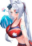  1girl absurdres animal_ears bare_arms bare_shoulders blue_eyes breasts cheerleader cleavage crop_top d-pad d-pad_hair_ornament fox_ears grin hair_ornament hair_ribbon hairclip halterneck highres holding holding_pom_poms indie_virtual_youtuber large_breasts long_hair looking_at_viewer midriff mizuki_(vtuber) navel oukafafafa pom_pom_(cheerleading) red_shirt red_skirt ribbon shirt shoulder_tattoo simple_background skirt sleeveless sleeveless_shirt smile solo stomach tattoo twintails upper_body very_long_hair white_background white_hair 