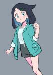  1girl :o absurdres aqua_eyes black_hair clenched_hand clenched_hands collarbone cowlick eyelashes green_jacket grey_background hair_ornament hairclip hand_up highres jacket knees liko_(pokemon) medium_hair open_clothes open_jacket parted_lips pokemon pokemon_(anime) pokemon_horizons shirt shorts simple_background solo tankobukids white_shirt 