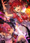  2girls ahoge akami_karubi amaki_pururu animal_ears apron black_hair blue_eyes cat_ears clenched_hand dress fang fighting fishnets flaming_hand glowing glowing_eye hungry_clicker indie_virtual_youtuber midriff multicolored_hair multiple_girls pink_hair purple_eyes red_dress red_hair split-color_hair virtual_youtuber white_apron wrist_cuffs 