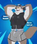  2023 absurd_res anthro armpit_hair body_hair brown_body brown_fur bulge canid canine canis clothed clothing dialogue digital_media_(artwork) ear_piercing english_text epic_games fortnite fully_clothed fur hand_behind_head headgear headwear hi_res kiba24 male mammal open_mouth open_smile piercing pinup portrait pose raised_arm smile solo text three-quarter_portrait wendell_(fortnite) wolf 