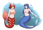  2girls animal_ears arknights bikini bikini_top_only blue_eyes blue_hair breasts cleavage closed_mouth collarbone commentary demon_horns english_commentary fangs_(fangs_art) fiammetta_(arknights) fins full_body gills grin halo head_fins heart horns large_breasts long_hair looking_at_viewer medium_breasts mermaid monster_girl monsterification mostima_(arknights) multiple_girls navel orange_bikini red_eyes red_hair short_hair smile spoken_heart squiggle swimsuit white_bikini 