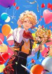  1boy 2023 androgynous balloon black_pants blonde_hair blue_sky blush bouquet capelet dated ensemble_stars! flower hair_flower hair_ornament happy_birthday head_wreath highres male_focus narukami_arashi open_mouth orange_shirt pants pink_flower pink_rose purple_eyes riri_(artist) rose shirt sky smile solo suspenders white_capelet yellow_flower 