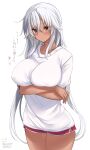  1girl absurdres alternate_costume alternate_hairstyle breasts brown_eyes dark-skinned_female dark_skin dolphin_shorts grey_hair hair_between_eyes hair_down highres huge_breasts kantai_collection long_hair mashiro_yukiya musashi_(kancolle) musashi_kai_ni_(kancolle) red_shorts shirt short_shorts short_sleeves shorts solo standing very_long_hair white_background white_shirt 