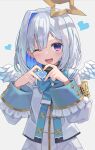  1girl amane_kanata amane_kanata_(1st_costume) angel angel_wings blue_hair blush bow colored_inner_hair commentary_request halo heart heart_hands highres hololive hopepe looking_at_viewer medium_hair multicolored_hair open_mouth purple_eyes single_hair_intake smile solo star_halo upper_body virtual_youtuber white_hair wings 