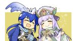  1boy 1girl :d alternate_costume blue_hair blush brother_and_sister chibi fire_emblem fire_emblem:_genealogy_of_the_holy_war fire_emblem_heroes hat headband julia_(fire_emblem) julia_(scion)_(fire_emblem) long_hair official_alternate_costume open_mouth purple_hair seliph_(fire_emblem) seliph_(scion)_(fire_emblem) siblings simple_background smile white_headband yukia_(firstaid0) 