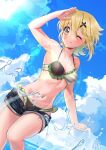  1girl akatsuki_kirika bikini black_bikini blonde_hair blush breasts day denim denim_shorts green_eyes hair_ornament highres juan_o121 medium_breasts multicolored_bikini multicolored_clothes navel ocean one_eye_closed outdoors senki_zesshou_symphogear short_hair shorts smile solo splashing standing striped striped_bikini swimsuit water 