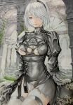  1girl 2b_(nier:automata) absurdres areola_slip black_dress black_hairband black_thighhighs blue_eyes breasts breasts_apart cameltoe cleavage_cutout closed_mouth clothing_cutout colored_pencil_(medium) covered_nipples dress feather-trimmed_sleeves hairband high_collar highres katsu_(24791909) marker_(medium) mole mole_under_mouth nier:automata nier_(series) panties ruins short_hair sitting small_breasts solo thighhighs thighs torn_clothes torn_dress torn_panties traditional_media underwear upskirt white_hair white_panties 