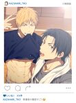  2boys abs avatar_icon black_hair clothes_lift commentary_request emoji emoticon fake_phone_screenshot fake_screenshot gym indoors instagram kise_ryouta kuroko_no_basuke male_focus mashima_shima multiple_boys navel orange_eyes orange_hair selfie shirt shirt_lift short_hair t-shirt takao_kazunari toned toned_male towel towel_around_neck translated twitter_username 