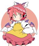  1girl animal_ears apron bird_ears bird_wings blush brown_dress brown_headwear closed_mouth dress earrings frilled_dress frills grey_eyes hair_between_eyes hat highres ini_(inunabe00) jewelry long_sleeves mystia_lorelei pink_hair short_hair single_earring solo touhou white_wings wide_sleeves winged_hat wings yellow_apron 