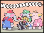  2boys 2girls apple armlet ayyk92 bare_shoulders barefoot black_dress blank_eyes blonde_hair blue_gemstone blue_overalls bowsette brooch cabbie_hat chibi colored_skin constricted_pupils crown dress earrings elephant_boy elephant_fruit elephant_luigi elephant_mario elephant_princess_peach facial_hair food forced frown fruit gem gloves green_headwear green_shirt grey_skin hair_between_eyes hat holding holding_another&#039;s_wrist holding_food holding_fruit jewelry letter_print mario_(series) multiple_boys multiple_girls mustache no off-shoulder_dress off_shoulder orange_background overalls pink_dress pink_skin ponytail red_apple red_headwear red_shirt restrained sharp_teeth shirt shouting sphere_earrings spiked_shell spiked_tail strapless strapless_dress super_crown super_mario_bros._wonder tail teeth thick_eyebrows turtle_shell waving_legs wavy_hair white_gloves 