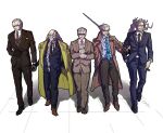  5boys alternate_costume arms_behind_back balding beard black_gloves black_pants black_suit blue_necktie blue_pants blue_suit braid braided_beard brown_coat brown_pants brown_suit cane casual christopher_columbus_(fate) cigar coat coat_on_shoulders facial_hair fate/grand_order fate_(series) formal full_body glasses gloves grey_hair hand_in_pocket highres holding holding_cane holding_cigar holding_sword holding_weapon james_moriarty_(archer)_(fate) li_shuwen_(fate) li_shuwen_(old)_(fate) long_beard long_hair looking_to_the_side male_focus mature_male multiple_boys multiple_braids necktie old old_man pants red_necktie scar scar_on_face shirt short_hair simple_background smile striped striped_necktie striped_shirt suit sunglasses sword syuugou_11 very_long_beard watch weapon white_background white_shirt wrinkled_skin wristwatch yagyuu_munenori_(fate) yellow_coat zhang_jue_(fate) 