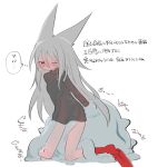  1girl abysmal animal_ears black_shirt blush closed_mouth creature grey_hair hair_between_eyes half-closed_eye highres kokaki_mumose long_hair long_sleeves moneko_(null-meta) no_pants one_eye_closed red_eyes red_socks shirt shoes shoes_removed simple_background sneakers socks solo sweat tentacles tentacles_under_clothes translation_request trapped turtleneck v-shaped_eyebrows very_long_hair white_background 