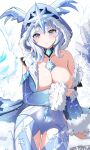  1girl armpit_crease bare_shoulders blue_eyes blue_hood blue_leggings blue_sleeves blush breasts cicin_mage_(genshin_impact) cleavage clothing_cutout collarbone covering covering_breasts cowboy_shot cryo_cicin_mage_(genshin_impact) detached_sleeves dot_nose fur-trimmed_hood fur-trimmed_sleeves fur_cuffs fur_trim genshin_impact gloves grey_gloves head_tilt highres hood hood_up jewelry large_breasts leggings legs_together long_bangs long_hair looking_at_viewer off_shoulder parted_lips pendant sidelocks signature simple_background snowflakes snowing solo teeth thigh_cutout thigh_gap wardrobe_malfunction white_background white_hair yeni1871 