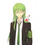  1boy animal_on_shoulder bird bird_on_shoulder black_jacket collared_shirt green_armband green_hair green_necktie heart jacket kkusako lobotomy_corporation long_hair long_sleeves necktie netzach_(project_moon) open_clothes open_jacket project_moon punishing_bird shirt simple_background upper_body white_background white_shirt yellow_eyes 