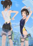  2girls black_hair black_shorts blue_eyes blue_one-piece_swimsuit blue_sky cloud competition_swimsuit day feet_out_of_frame hair_bun highres holster long_hair multicolored_clothes multicolored_swimsuit multiple_girls one-piece_swimsuit original outdoors partially_underwater_shot sem_(sempix) short_hair shorts sky swimsuit swimsuit_under_clothes tank_top thigh_holster undressing wet wet_clothes white_tank_top 
