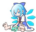  1girl barefoot blue_bow blue_eyes blue_hair bow cirno closed_mouth collared_shirt detached_wings frog full_body hair_bow ice ice_wings looking_at_viewer parody puyopuyo shinmon_akika shirt short_hair sitting solo style_parody touhou white_shirt wings 