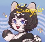  1girl :d animal_ears animal_nose artist_name beamed_sixteenth_notes black_hair black_shirt blue_background blue_choker blue_eyes bob_cut choker eighth_note fangs furry furry_female glasses highres hua_hua_de_meme looking_at_viewer looking_to_the_side musical_note original portrait sample_watermark semi-rimless_eyewear shirt short_eyebrows short_hair smile solo t-shirt tail tiger_ears tiger_girl tiger_tail white_fur 