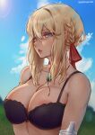  1girl artist_name beta_hime black_bra blonde_hair blue_eyes blue_sky blurry blurry_background bra braid braided_bun breasts brooch commentary english_commentary hair_bun hair_ribbon jewelry large_breasts lips looking_at_viewer mechanical_arms necklace outdoors parted_lips red_ribbon ribbon sidelocks single_mechanical_arm sky solo sun underwear upper_body violet_evergarden violet_evergarden_(series) 